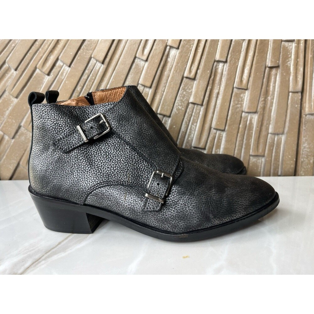 ERIC MICHEAL Leather Silver Black Ankle Boots Booties Women Size 7.5 M Mid Heels